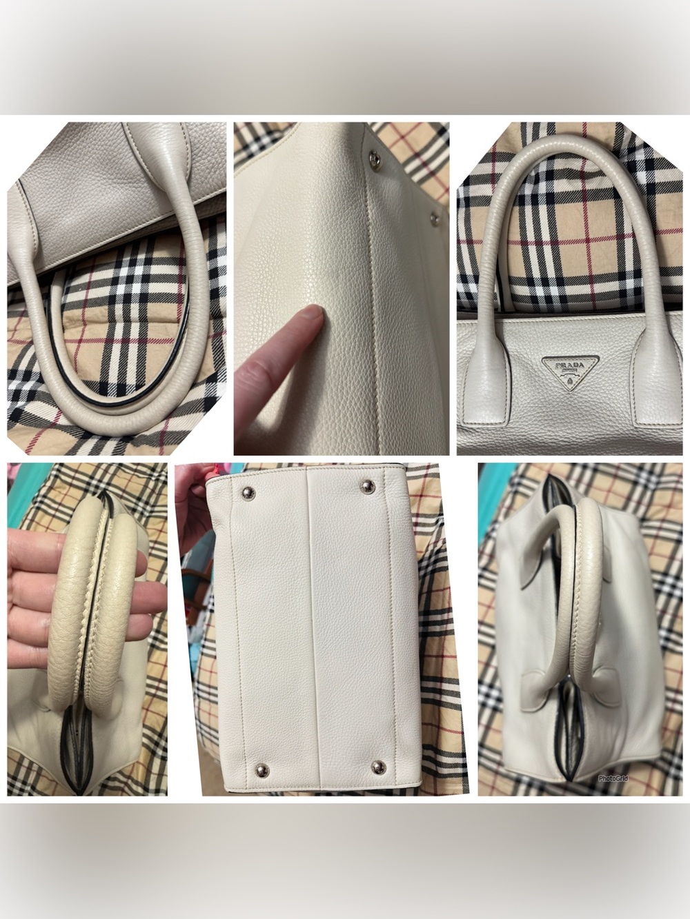 Prada AUTHENTIC Talco Off White Vitello Daino Textured Leather Tote Bag - Picture 12 of 16